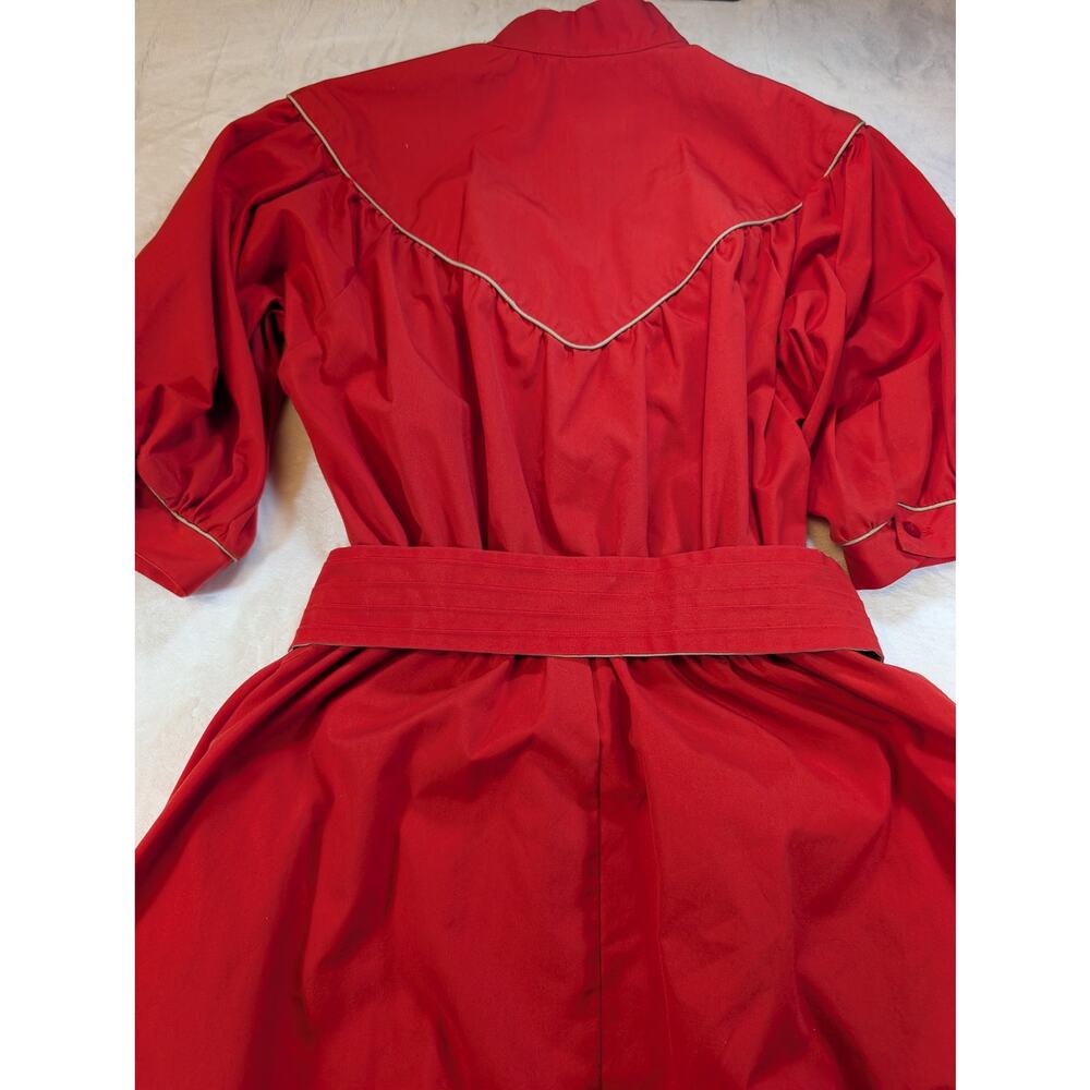 Vintage Red Prairie Dress Puff Sleeve Belted Cotton Western Cottagecore USA 12 - Picture 4 of 7